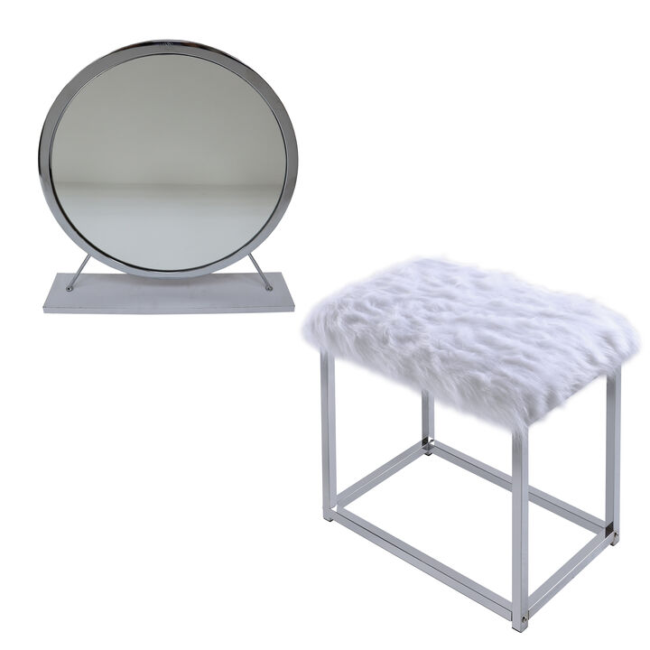 ACME Adao Vanity Mirror & Stool, Faux Fur, Mirror, White & Chrome Finish