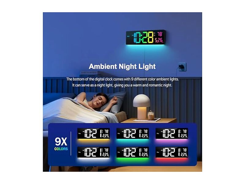 Digital RGB Colors Alarm Night Lights Wall Clock 16 Inch Glow In Dark image number 2
