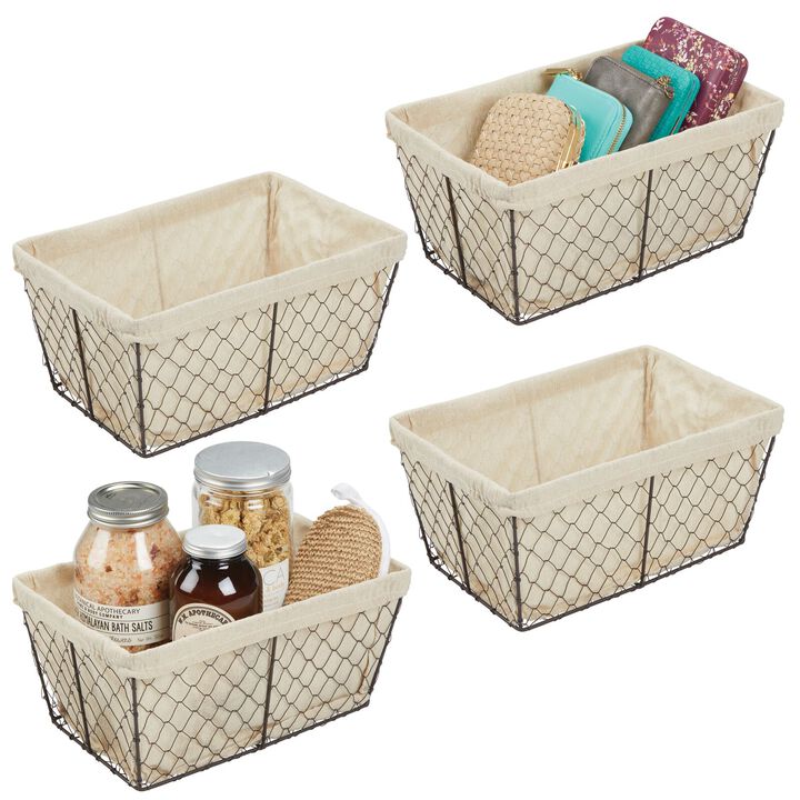 mDesign Medium Chicken Wire Storage Basket, Fabric Liner, 4 Pack, Bronze/Natural
