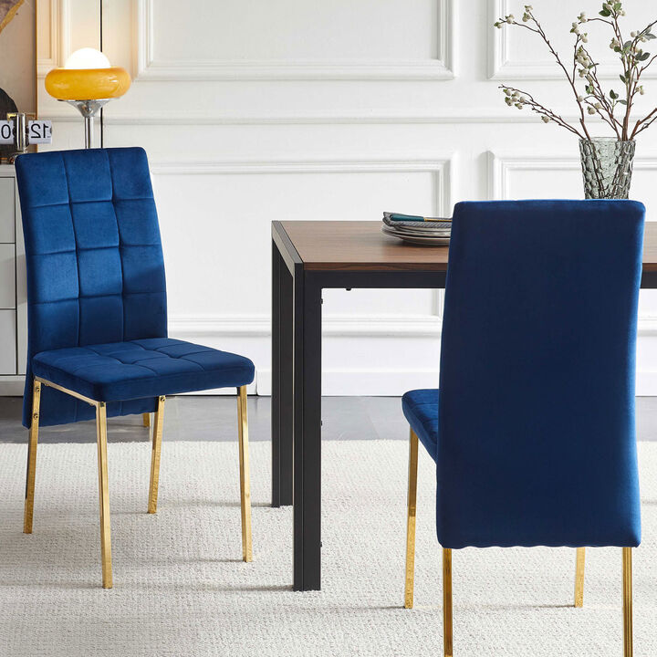 Dark Blue Velvet High Back Nordic Dining Chair Modern Fabric Chair with Black Legs, Set Of 2