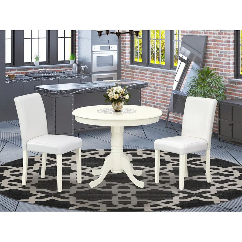3 Piece Modern Dining Table Set Contains a Round Kitchen Table with Pedestal and 2 White Faux Leather Upholstered Chairs, 36x36 Inch, Linen White
