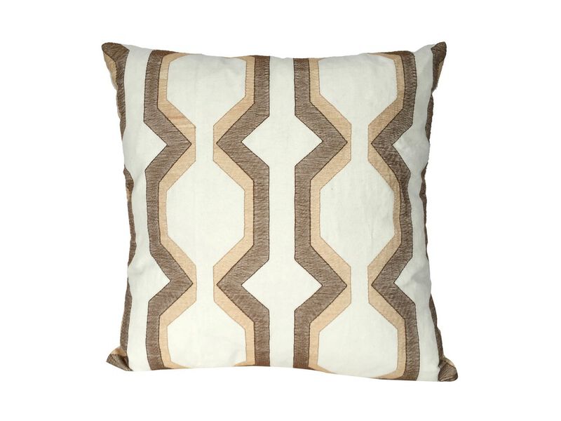 Contemporary Cotton Pillow with Geometric Embroidery, Brown and White - Benzara