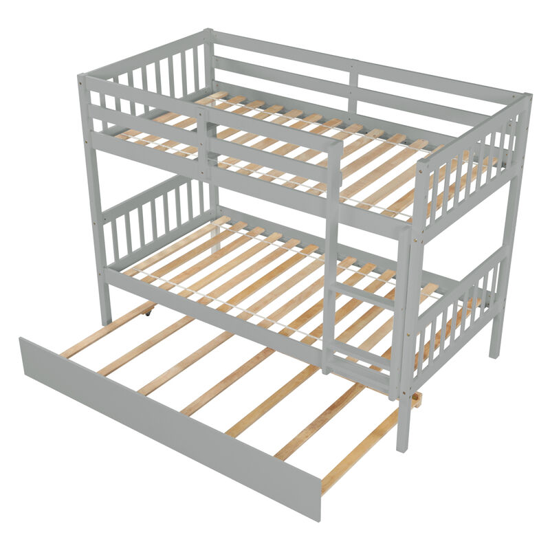 Twin Over Twin Bunk Beds with Trundle, Solid Wood Trundle Bed Frame with Safety Rail and Ladder, Kids/Teens Bedroom, Guest Room Furniture, Can Be converted into 2 Beds,Grey (Old Sku:W504S00027)