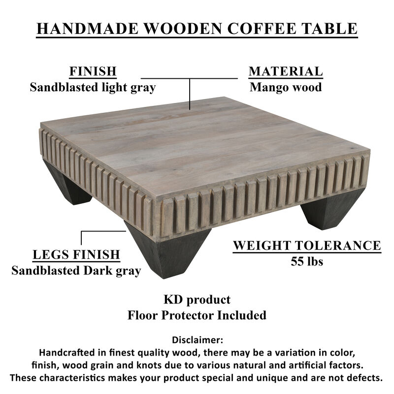 Tokyo Inspired 36 Inch Square Mango Wood Coffee Table - Handcrafted with Elegant Sandblasted Gray Finish and Tapered Legs
