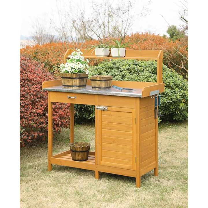 QuikFurn Outdoor Home Garden Potting Bench with Metal Table Top and Storage Cabinet