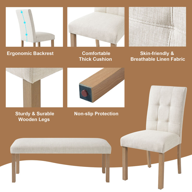 Merax 6-Piece Modern Dining Set, Rectangle Kitchen Table with 4 Upholstered Chairs & Bench