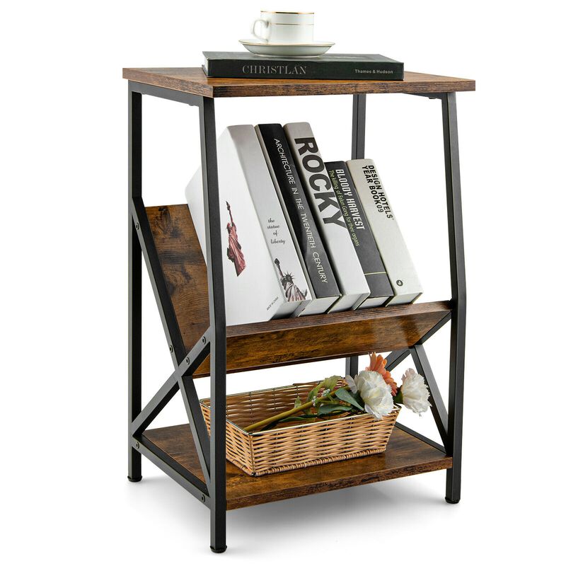 3-Tier Industrial Side Table with V-shaped Bookshelf for Living Room-Rustic Brown image number 4
