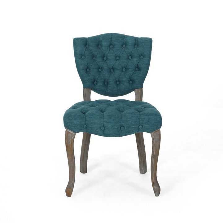 Dining Chair Set of 2, Button Tufted Teal Fabric Design, Rubberwood - Benzara