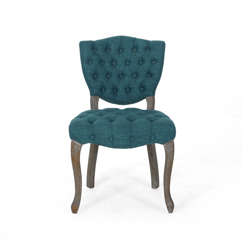 Dining Chair Set of 2, Button Tufted Teal Fabric Design, Rubberwood - Benzara