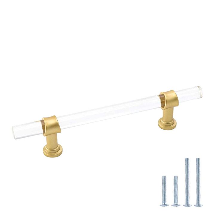 goldenwarm 5 Pack Cabinet Handles Clear Acrylic Drawer Pulls 4"" Hole Centers - LS9165GD102 Crystal Glass Hardware Brushed Brass