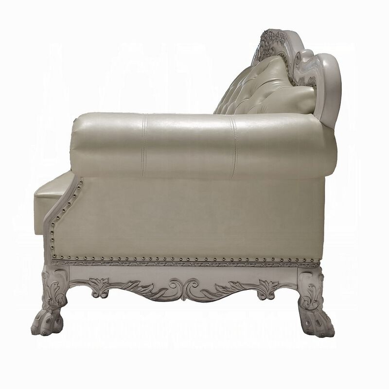 Ally Loveseat with 3 Pillows, 64 Inch Wood, Vintage White Faux Leather
