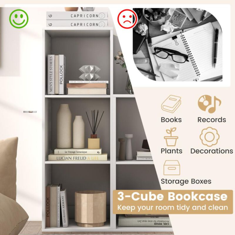 Hivvago 3 Cube Bookshelf with Back Guardrail for Living Room Bedroom