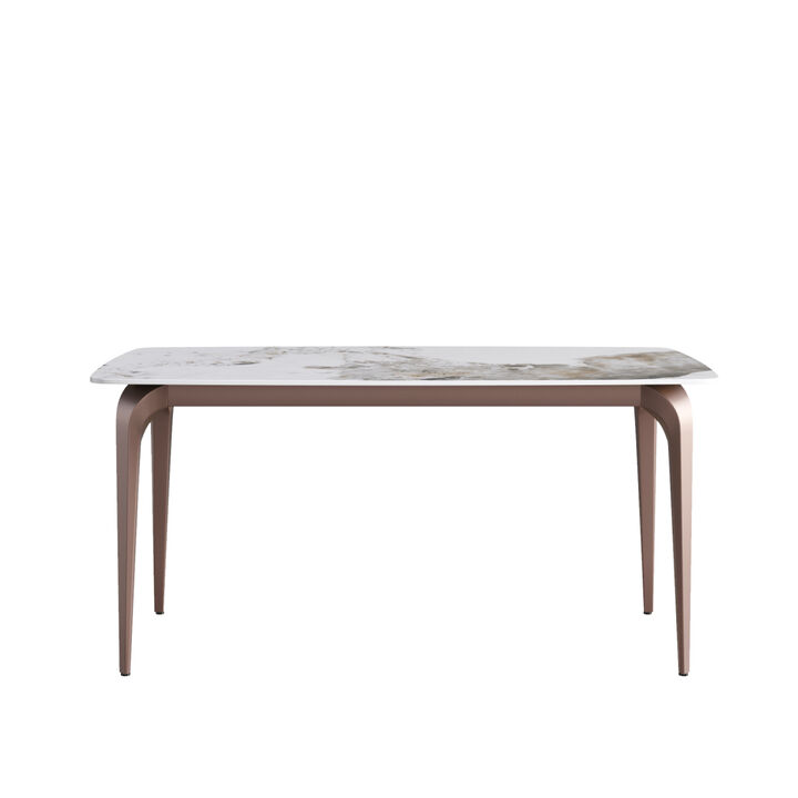 63" Modern artificial stone Pandora white curved metal leg dining table -6 people