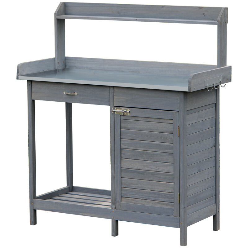 Outsunny Outdoor Potting Bench Table, Garden Work Station with Storage Cabinet, Open Shelf and Steel Tabletop, Gray