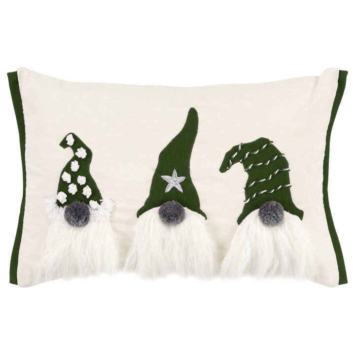 HomeRoots 14" X 20" Green And Ivory Cotton Christmas Gnomes Throw Pillow With Embroidery