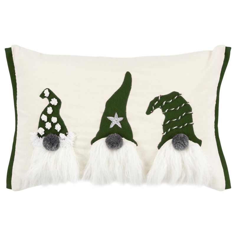 HomeRoots 14" X 20" Green And Ivory Cotton Christmas Gnomes Throw Pillow With Embroidery image number 0