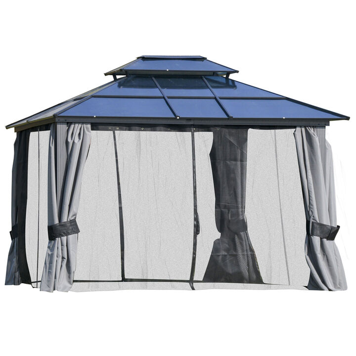 Outsunny 10' x 12' Hardtop Gazebo Canopy with Polycarbonate Double Roof, Aluminum Frame, Permanent Pavilion Outdoor Gazebo with Netting and Curtains for Patio, Garden, Backyard, Deck, Lawn, Gray