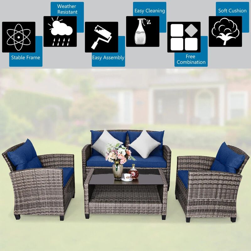 Mondawe 4 Pieces Patio Rattan Furniture Set with Coffee Table and Cushioned Sofa