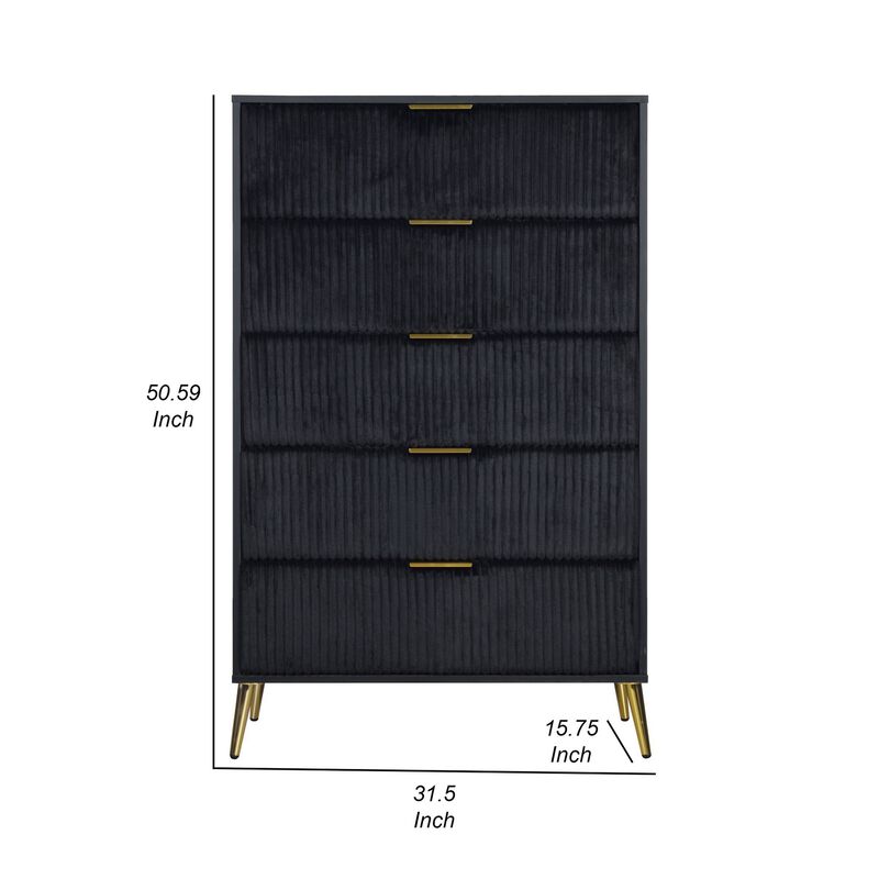 Moko 51 Inch Tall Dresser, 5 Soft Upholstered Drawers, Black, Gold
