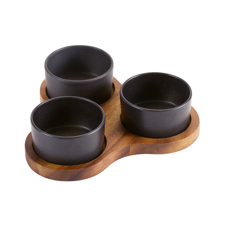 Triangular Serving Set with 3 Black Ceramic Dishes
