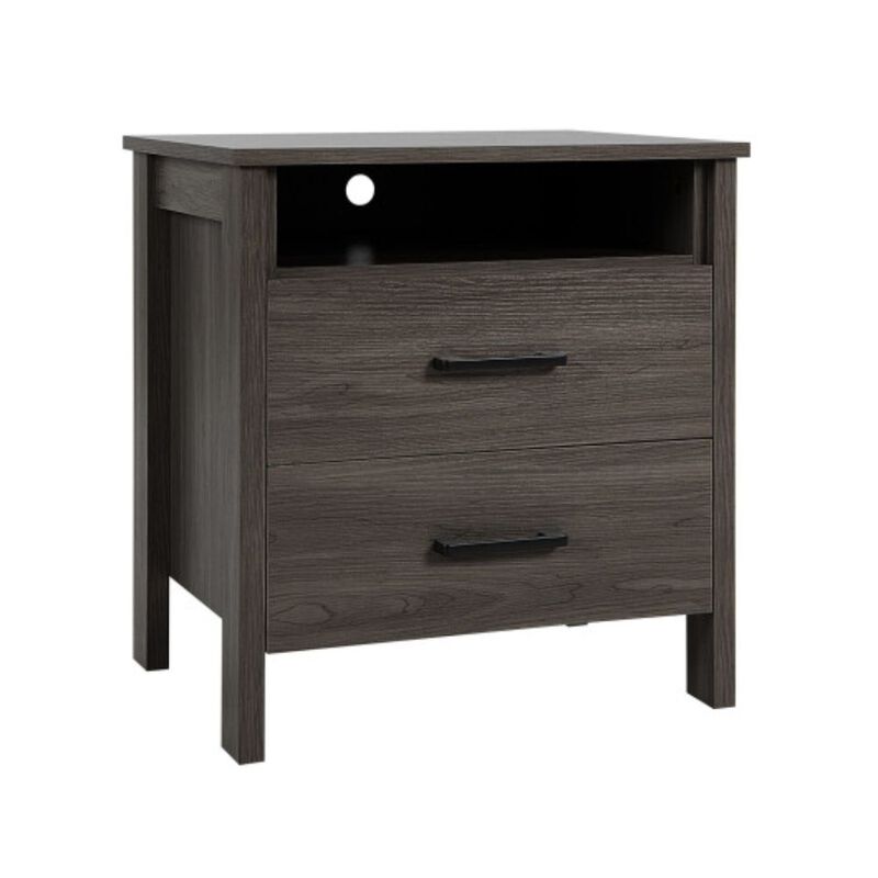 Modern Wood Grain Nightstand with Cable Hole and Open Compartment image number 1