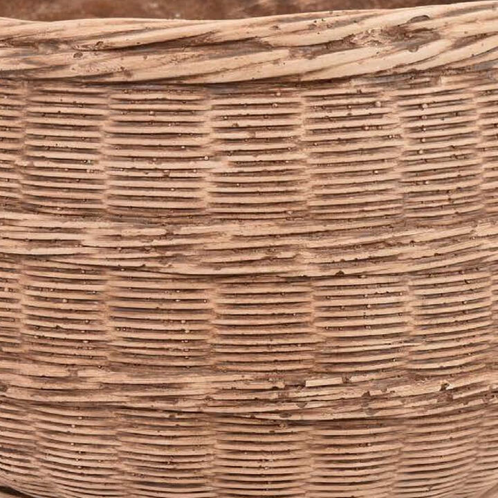 15 Inch Planter, Rustic Basket Woven Design, Resin Finish, Natural Brown - Benzara