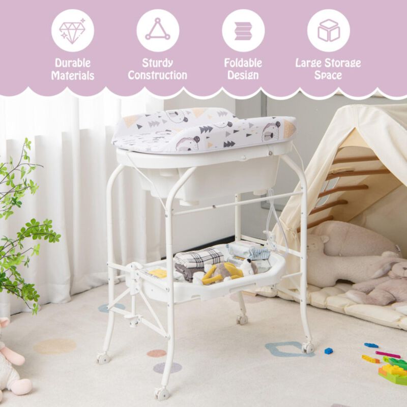 Hivvago Folding Baby Changing Table with Bathtub and 4 Universal Wheels