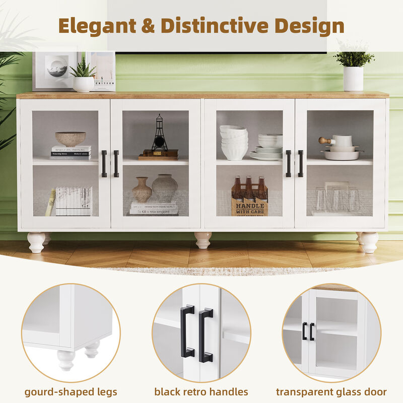 Clihome Farmhouse TV Stand with Tempered Glass Doors for TVs Up to 70", Versatile Sideboard with Adjustable Shelves, Elegant Buffet Cabinet with 5 Solid Wood Gourd-Shaped Legs for Living Room