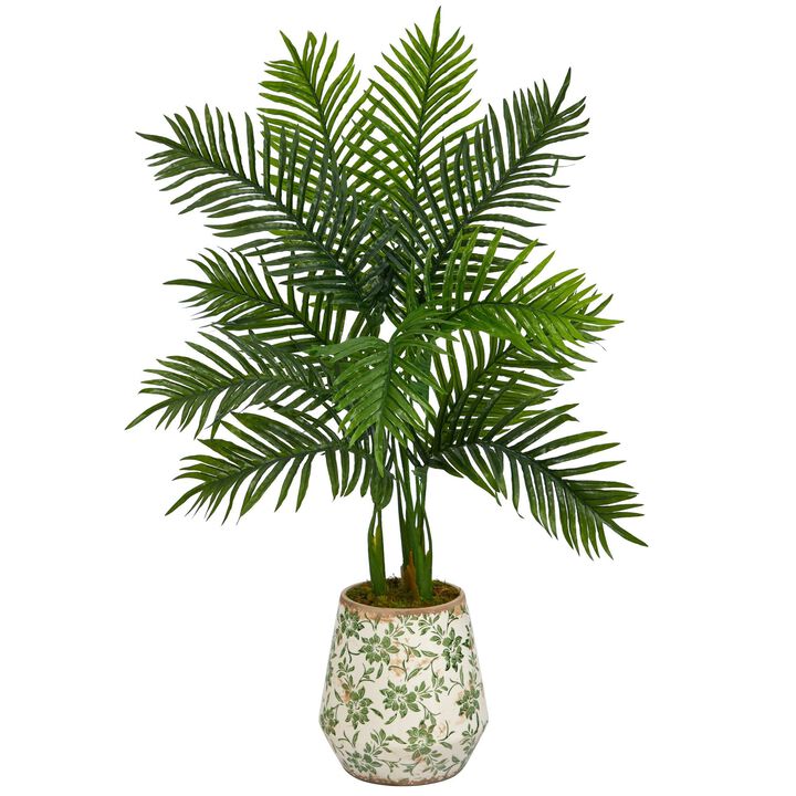 Nearly Natural 46-in Areca Palm Tree in Floral Print Planter (Real Touch)