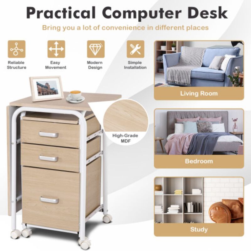 Home Office Folding Computer Laptop Desk Wheeled with 3 Drawers image number 3