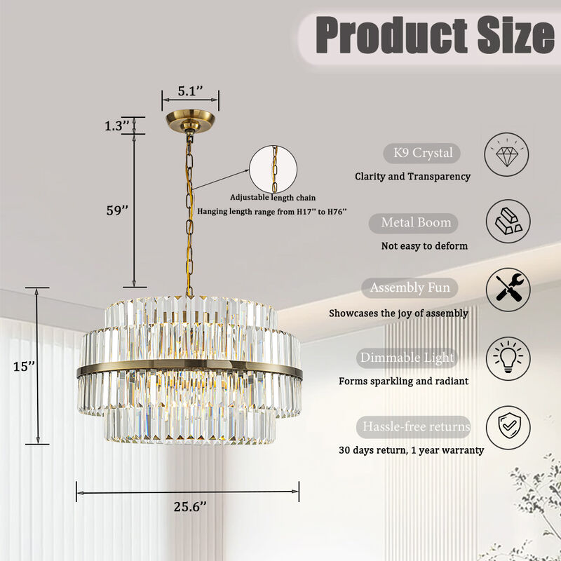 6-Light 26" Modern Antique Brass Round Tiered Crystal Chandelier image number 6