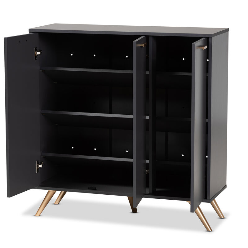 Baxton Studio Kelson Modern Dark Grey and Gold Finished Wood 3 Door Shoe Cabinet