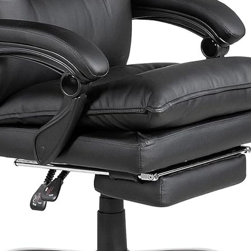 Elin 46 Inch Office Chair Recliner, Footrest, Black Faux Leather, Wheels - Benzara