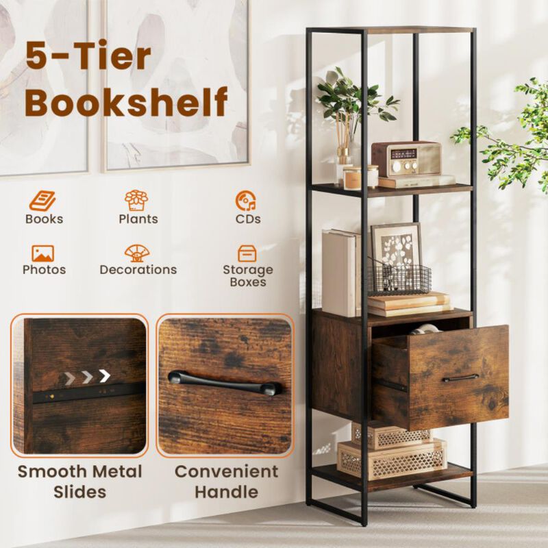 Hivvago 5-Tier Narrow Bookcase with 4 Open Shelves and Storage Drawer