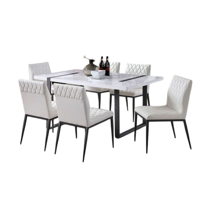Alz 7pc Dining Table Set, 6 White Faux Leather Upholstered Chairs, Black