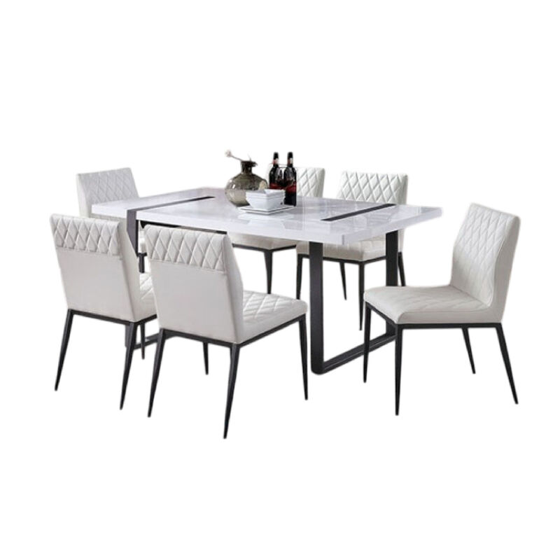 Alz 7pc Dining Table Set, 6 White Faux Leather Upholstered Chairs, Black image number 0