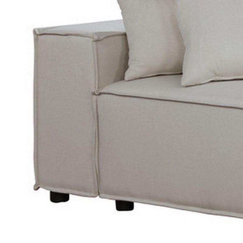 Makai 104 Inch Modular Sofa with Pillows, Square Arms and Welt Trim, Beige-Benzara
