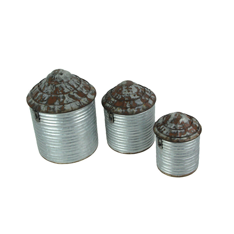 Vintage Farmhouse Style Galvanized Zinc Finish Tin Silo Canister Set of 3 image number 6
