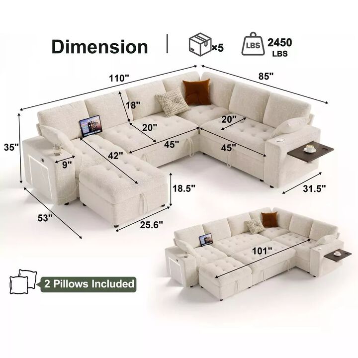 Vipbear 110" Modular Sectional Sleeper Sofa, Pull Out Bed, 7-Seat Chenille L-Shaped Couch, Storage
