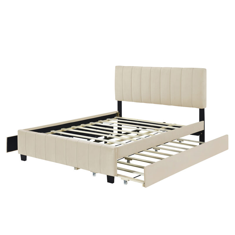 Merax Velvet Platform Bed Frame with  Drawers and Trundle