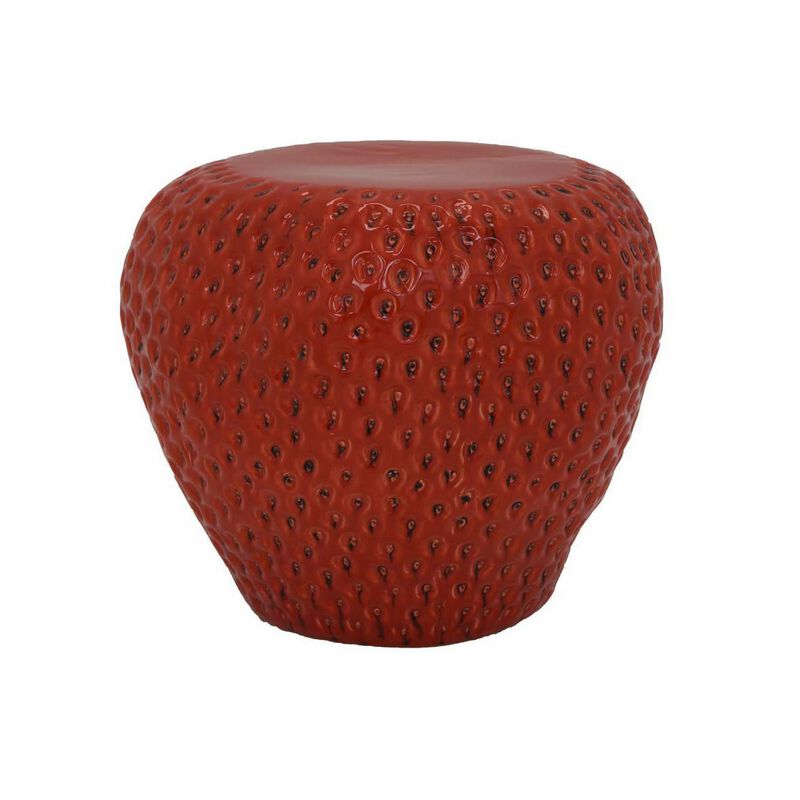 Oriha 18 Inch Plant Stand Garden Stool, Strawberry, Dotted, Red Ceramic - Benzara
