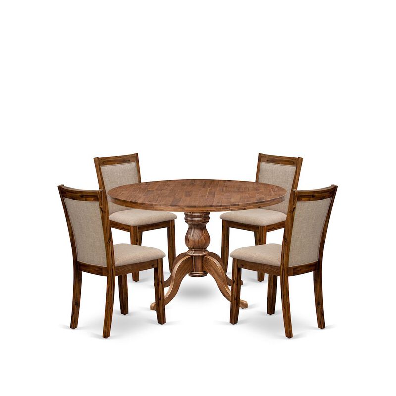 5-Pc Kitchen Table Set A Pedestal Wooden Table, 4 Light Tan Fabric Dining Chairs
