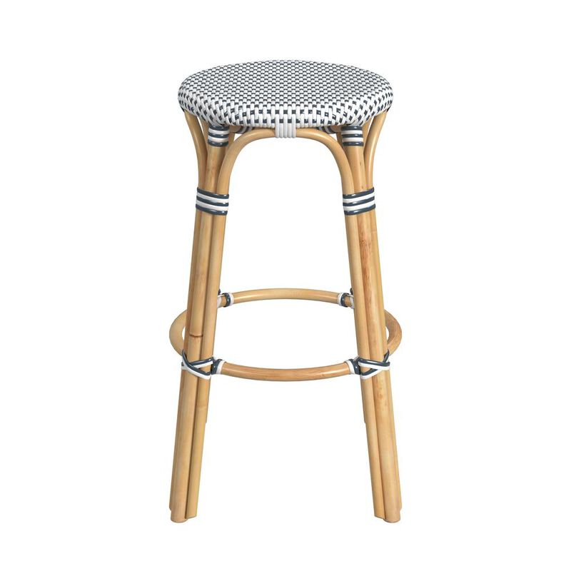 Butler Specialty Tobias Round Rattan 30 Bar Stool, White and Navy Dot