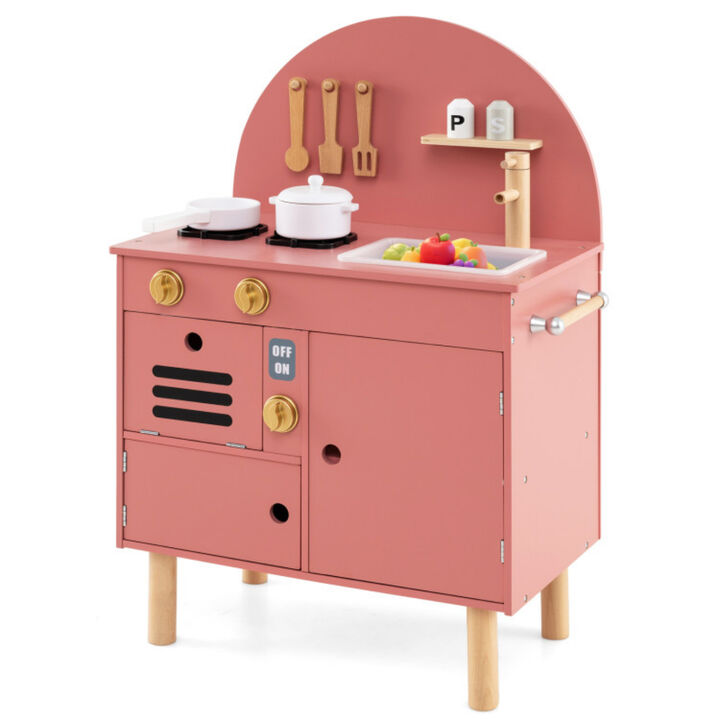Kids Wooden Play Kitchen Set with Stoves Faucet Sink Microwave and Oven