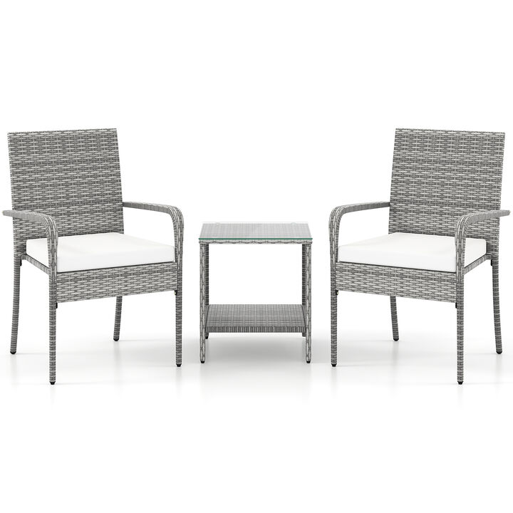 3 Piece Balcony Patio Furniture Set with Seat Cushions and Tempered Glass Tabletop