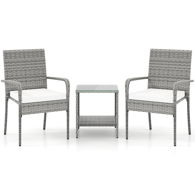 3 Piece Balcony Patio Furniture Set with Seat Cushions and Tempered Glass Tabletop image number 0
