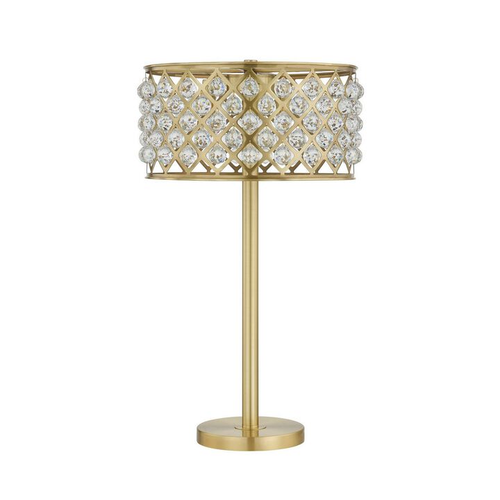 Dany 28 Inch Table Lamp with Crystal Drum Shade, Gold Brass Metal Base-Benzara
