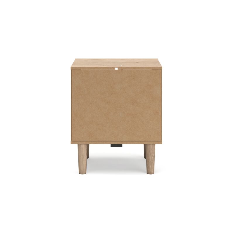 Ciel Nightstand w USB LED, Faux Linen Laminate, Cane Drawer, Oak Brown - Benzara