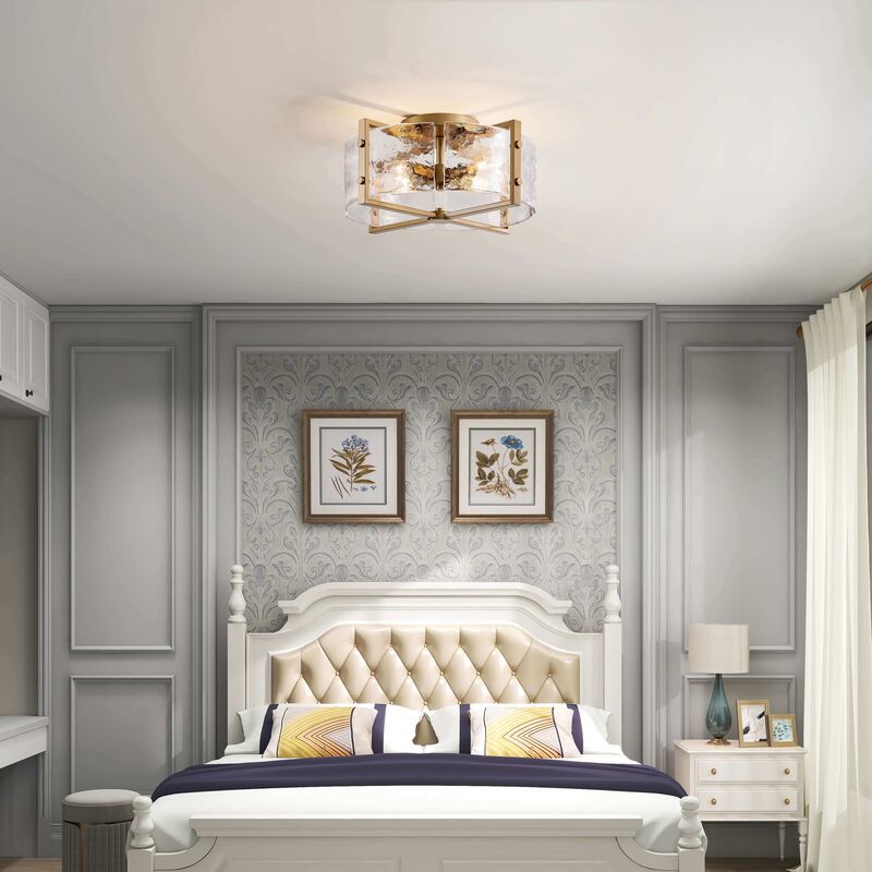 Lark 4-Light Metal Frame Textured Glass Panels Flush Mount image number 2