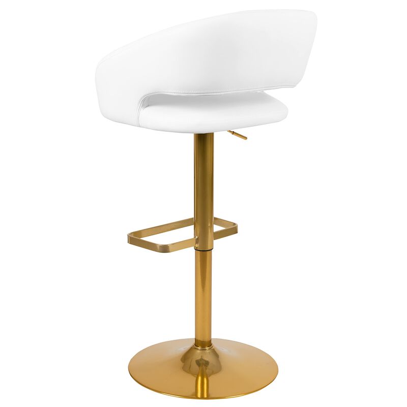 Flash Furniture Erik Comfortable & Stylish Contemporary Barstool with Rounded Mid-Back and Foot Rest, Adjustable Height - White Vinyl with Gold Base